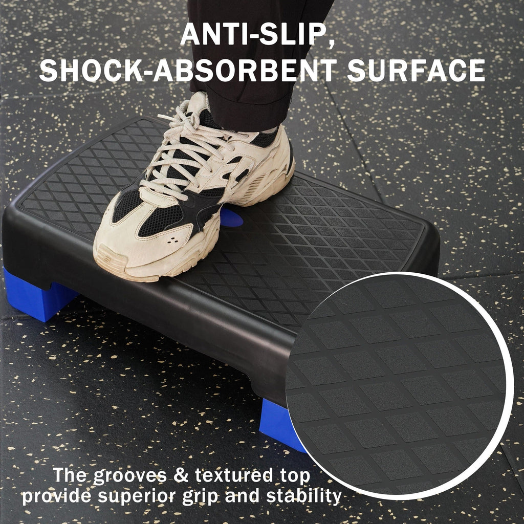 Aerobic Step Platform Adjustable Height with 2 Risers – Non-Slip Workout Stepper 18"x11", 440 LB Capacity