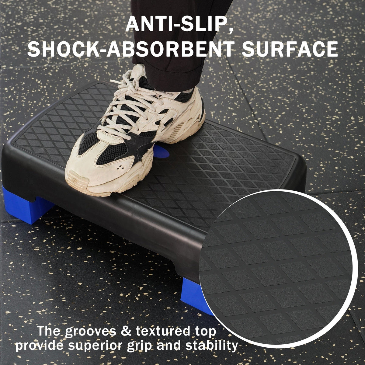Aerobic Step Platform Adjustable Height with 2 Risers – Non-Slip Workout Stepper 18"x11", 440 LB Capacity