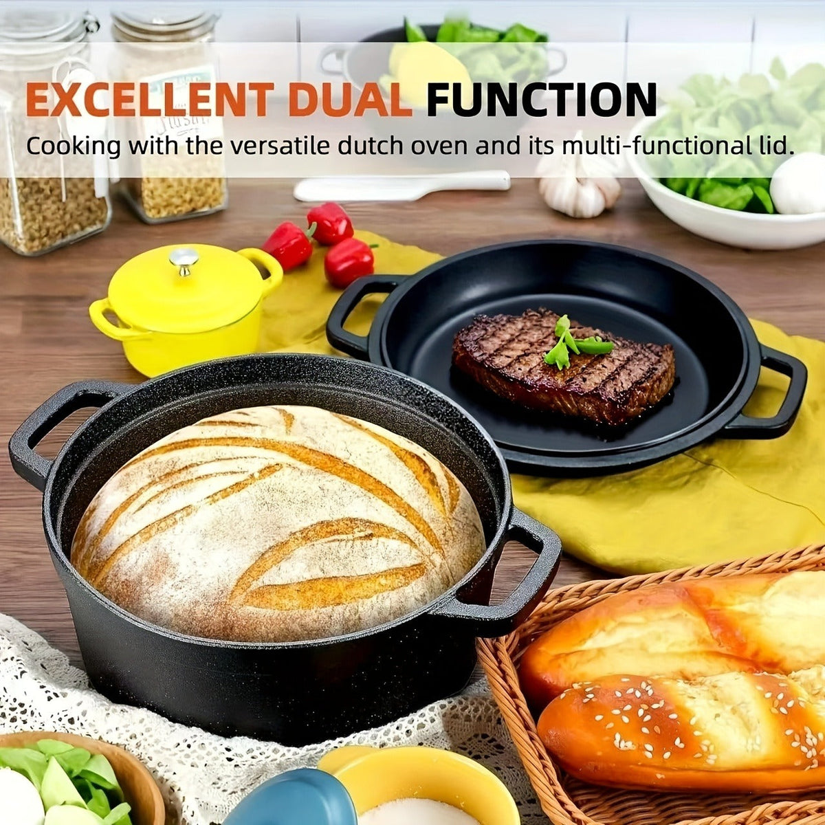 Pre-Seasoned-Labeled Cast Iron Dutch Oven with Reversible Skillet Lid, Trivet, Handle Covers and Scraper