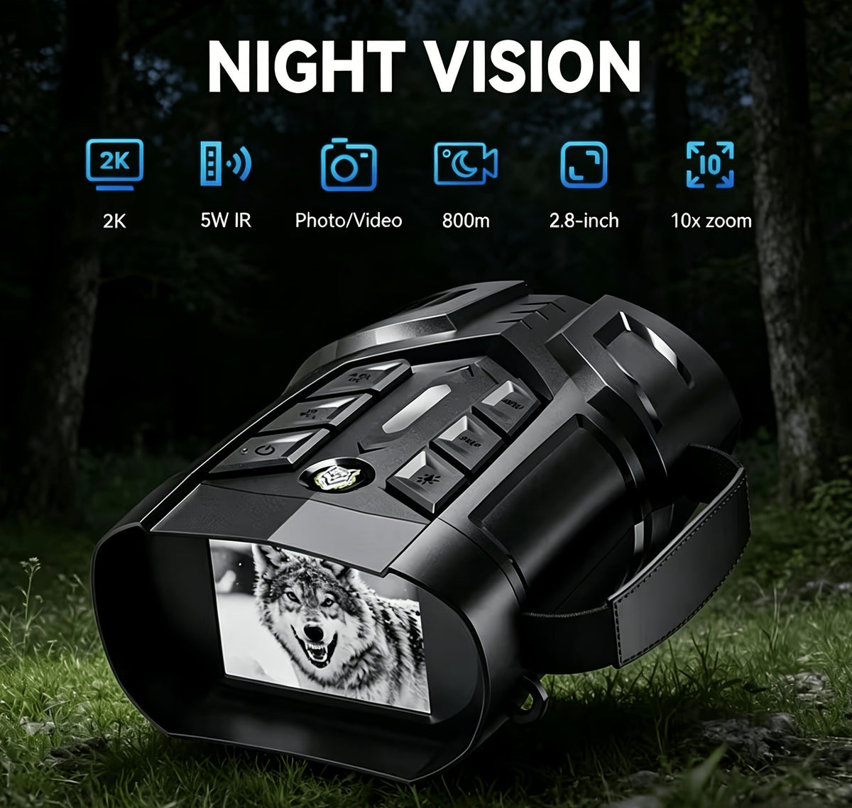 Night Vision Goggles 2K Ultra HD – 5W IR Binoculars with 2.8" IPS Screen, 10X Optical Zoom, 2600ft Range & 2000mAh Rechargeable Battery |