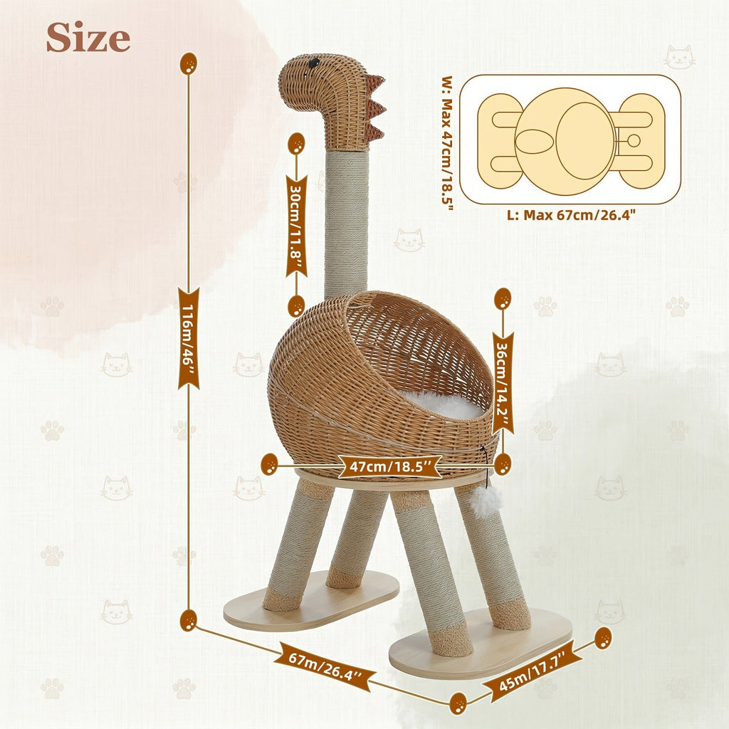 Dinosaur Cat Tree Tower 46 Inch – Large Rattan Cat House with 4 Sisal Scratching Posts, Wicker Bed & Removable Mat