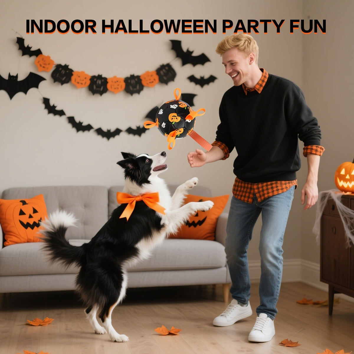 Halloween Dog Ball Toy with Pump – Football Shaped Chew Ball for Dogs, Pumpkin Ghost Design, Durable Rubber Fetch Toy