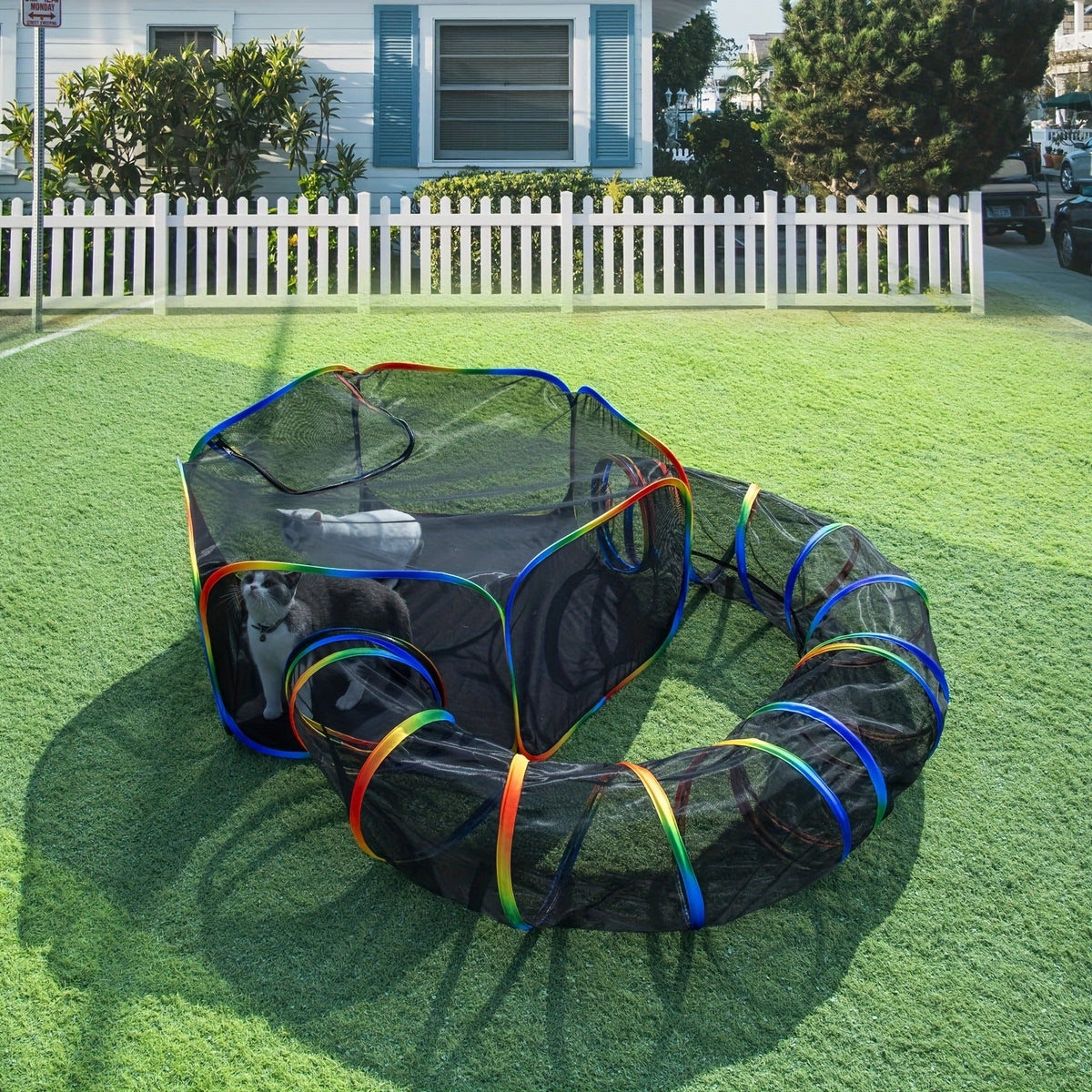 Outdoor Cat Enclosure with Play Tunnel – Portable Catio Tent & Cat Playpen for Indoor Cats, Cage-Free Outside Cat Run with Enclosed Tunnel