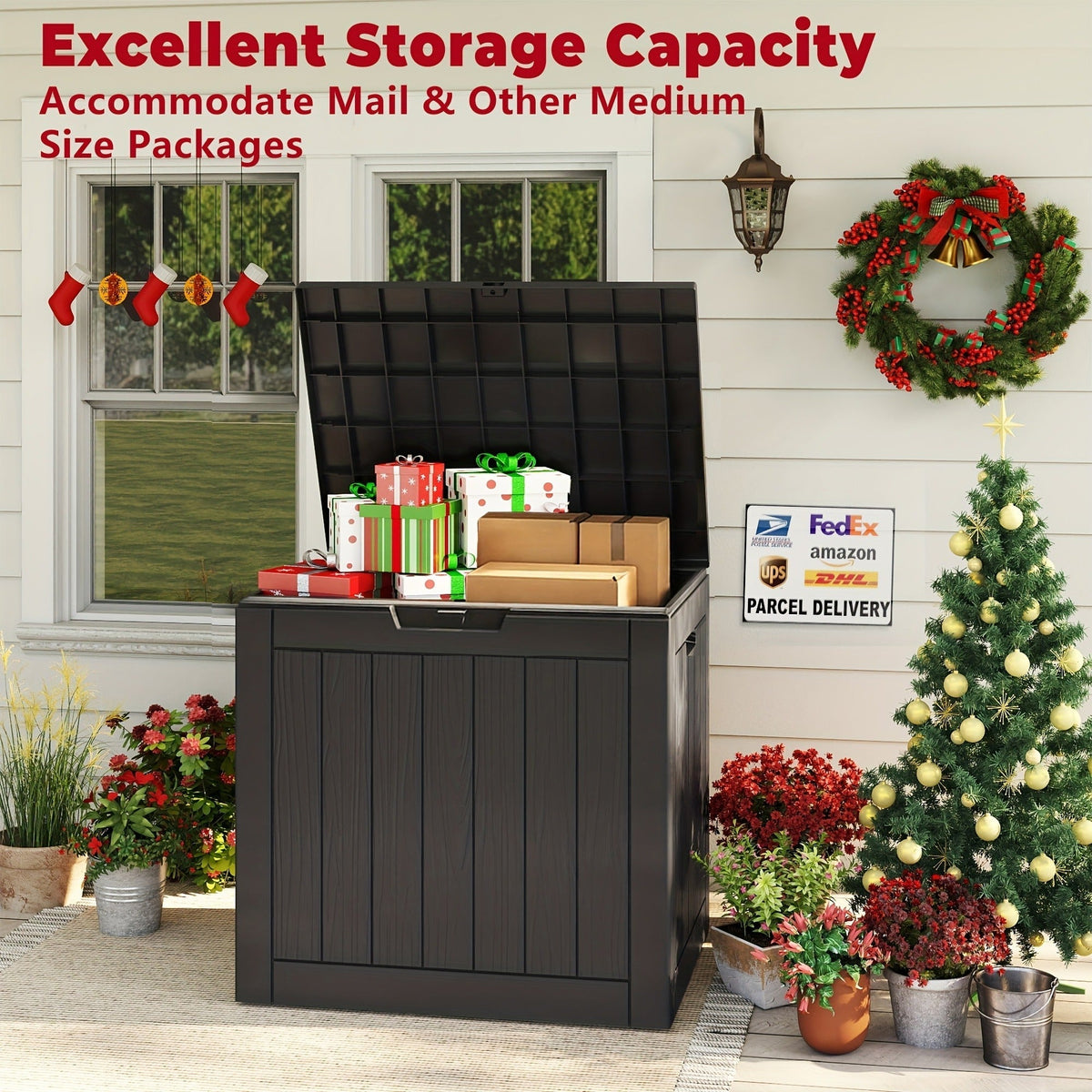 Outdoor Resin-Style Deck Box in 35- or 45-Gallon Sizes with Lockable Lid, Side Handles and Two Colors