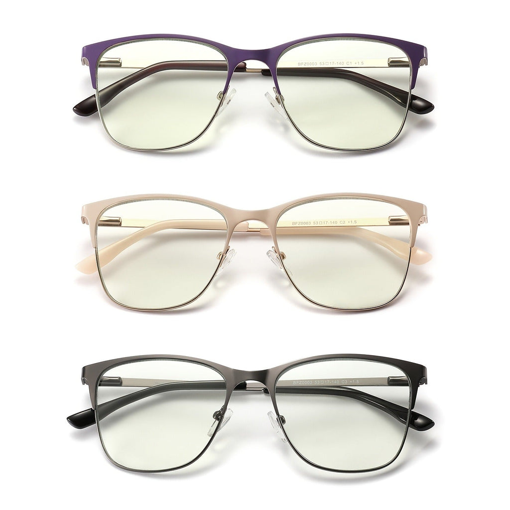 Reading Glasses – Three-Pair Rectangular Metal Readers with Polycarbonate Lenses with Multiple Strength and Color Options