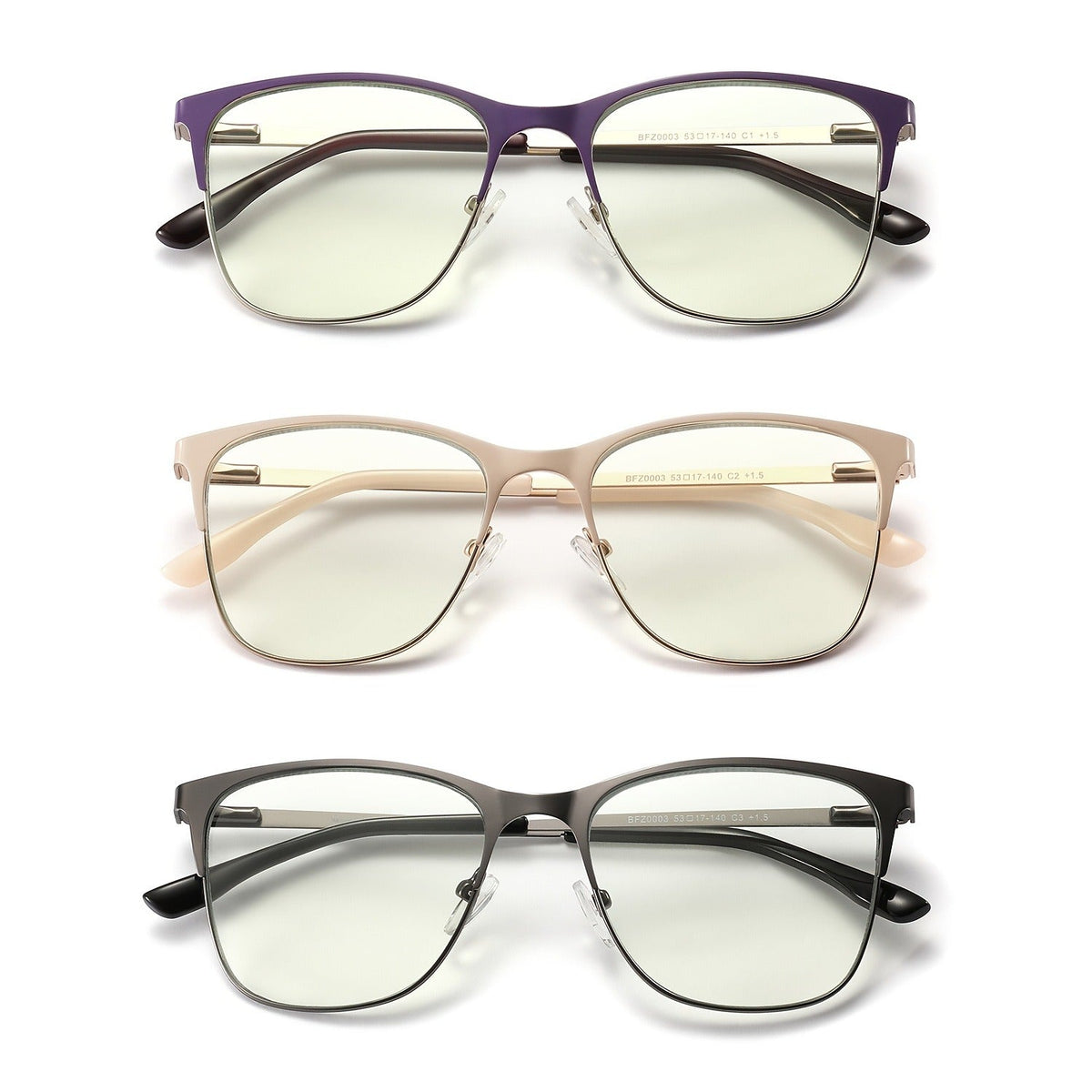 Reading Glasses – Three-Pair Rectangular Metal Readers with Polycarbonate Lenses with Multiple Strength and Color Options