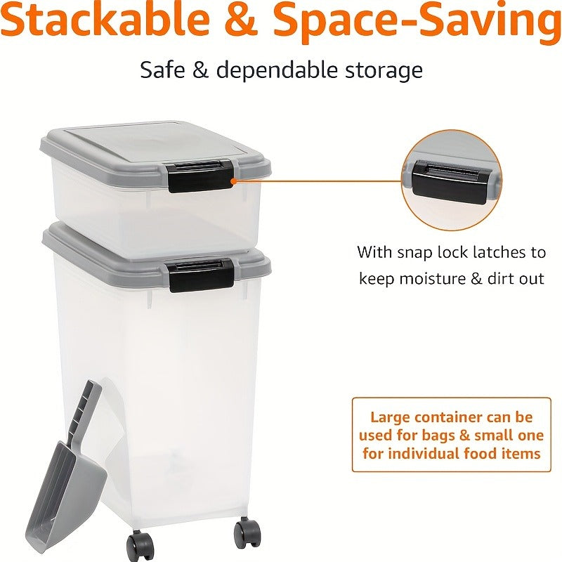 30QT and 10QT Stacking Pet Food Bin Set with Long Scoop, Front Latch and Removable Caster Wheels