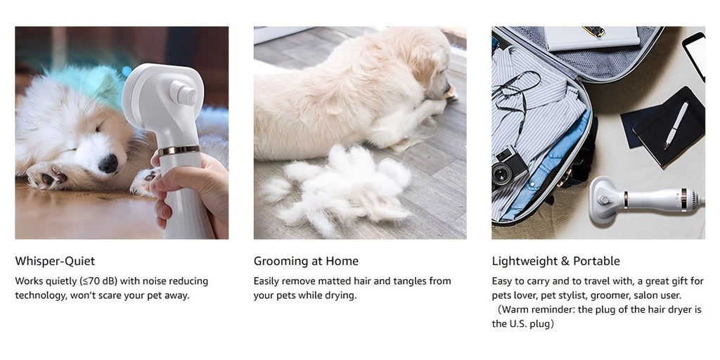 Pet Hair Dryer 2-in-1 with Self-Cleaning Slicker Brush – Portable Dog Blow Dryer for Dogs & Cats, 3 Temperature Settings, Low Noise