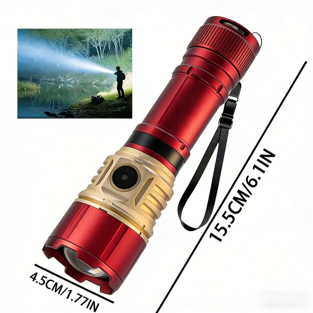 Flashlight Fresnel Lens Rechargeable Hand Torch with 21700 3500mAh Battery in Red Finish for Outdoor Use
