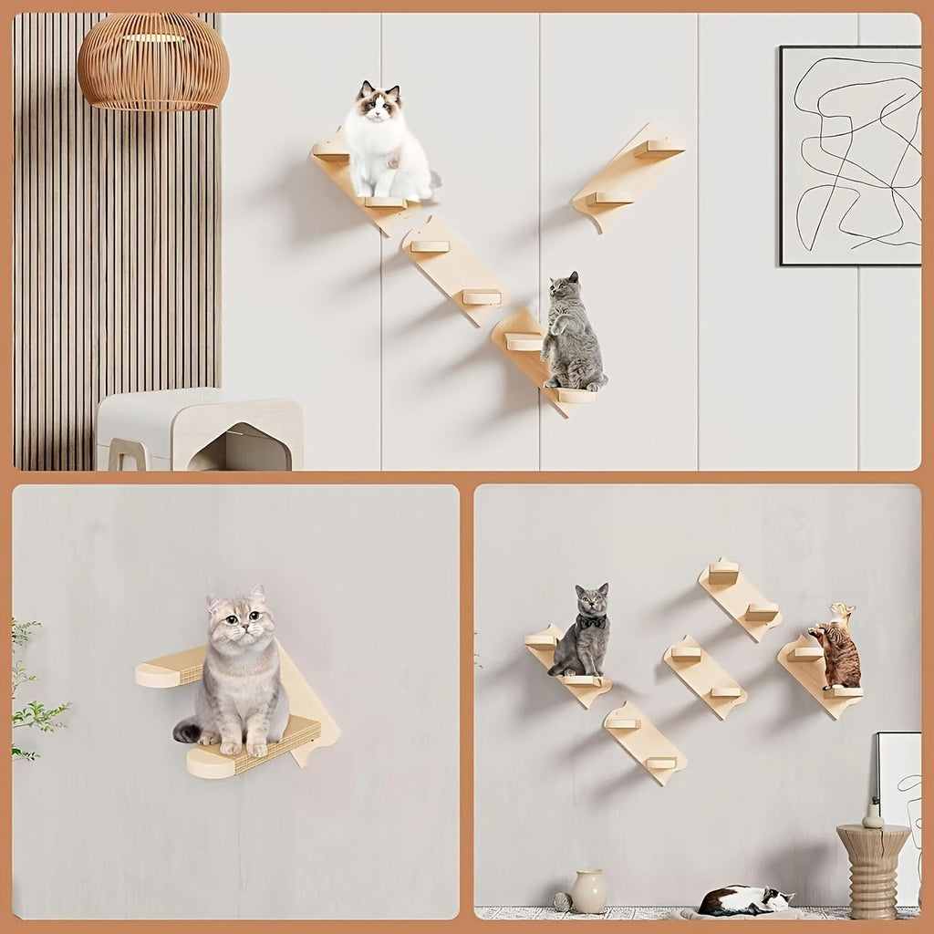Cat Wall Furniture, Wall-Mounted Cat Climbing Frame Solid Wood Cat Stairs Ladder Perch Jumping Platform All Season Indoor Cat Wall Furniture