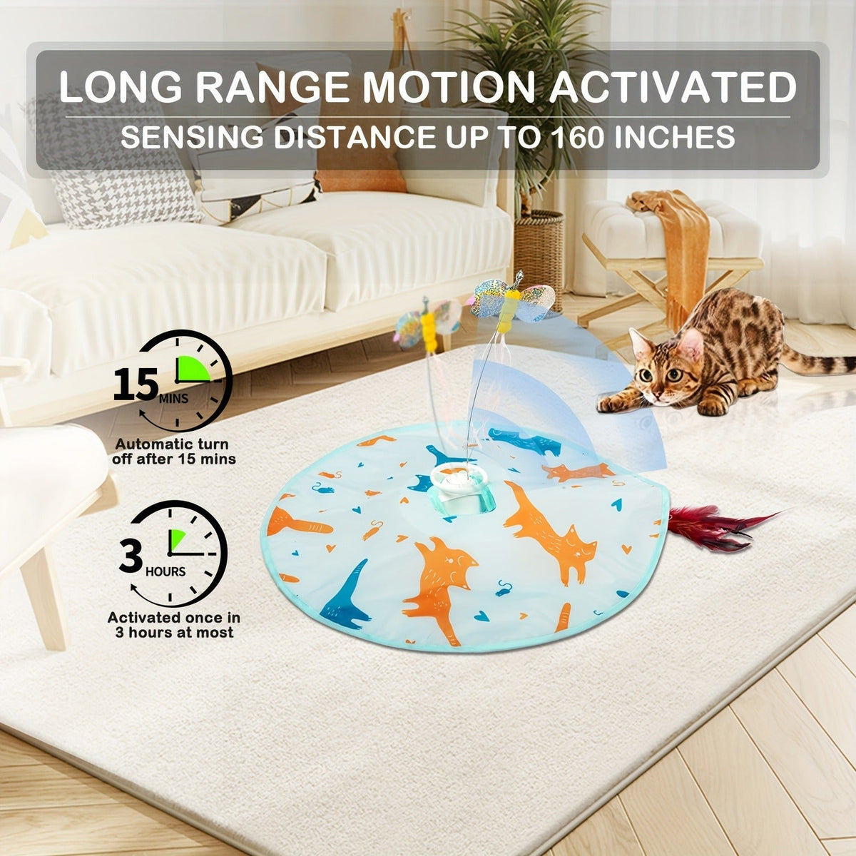 Interactive Cat Toy Electric Motion Activated 2-in-1 Rotating Butterfly & Feather Wand – USB Rechargeable 1200mAh Auto Shut-Off 3 Speed