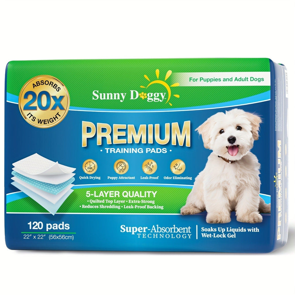 Dog Training Pads, Sunny Doggy Disposable Sets in 120-Count 22 x 22, 50-Count 30 x 36 and 40-Count 36 x 36 Sizes