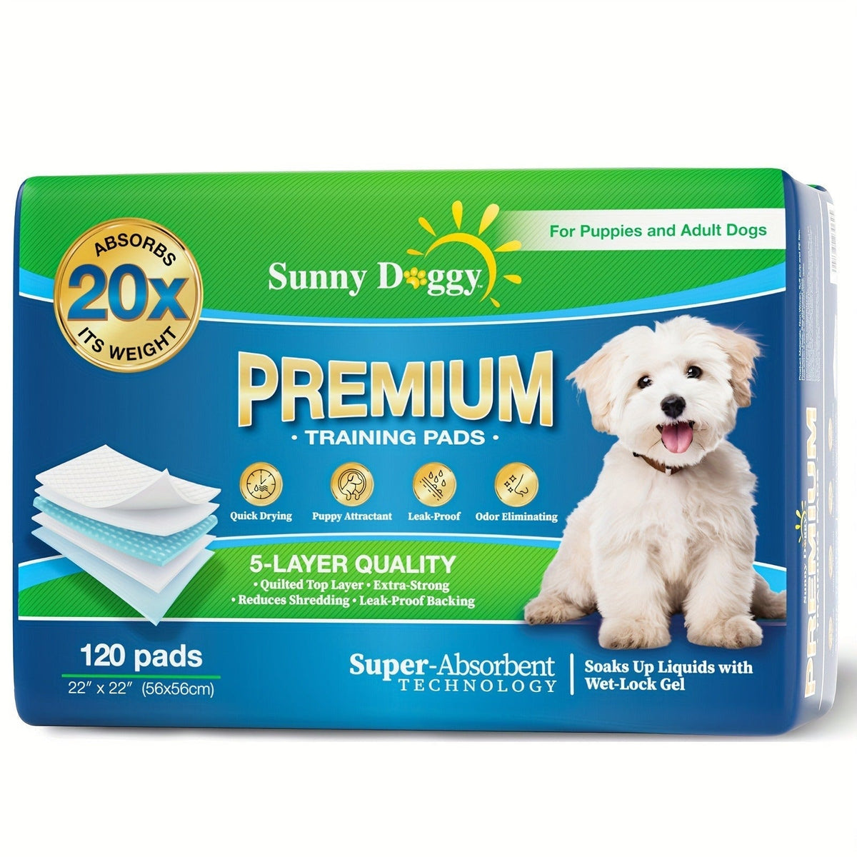 Dog Training Pads, Sunny Doggy Disposable Sets in 120-Count 22 x 22, 50-Count 30 x 36 and 40-Count 36 x 36 Sizes