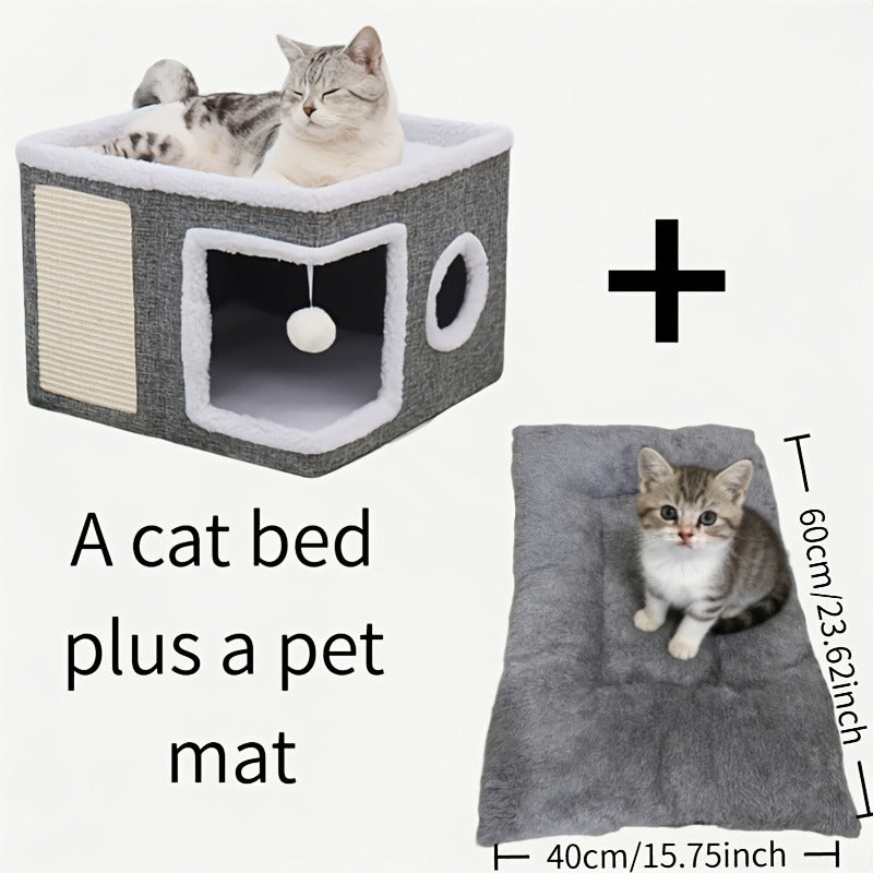 Multi-Tier Cat House & Indoor Cat Cube Bed – Foldable 2-Level Cat Tree with Scratching Post, Toy Tunnel & Plush Hanging Ball