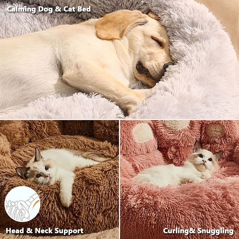Bear-Paw Round Plush Pet Bed in Coffee, Pink or Gray with Four Weight-Labeled Size Options