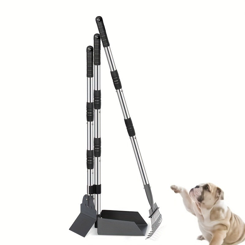 Dog Pooper Scooper Set – Stainless Steel Tray & Rake with Adjustable Long Handle, Rust-Proof Durable Pet Waste Removal Tool, Easy to Clean