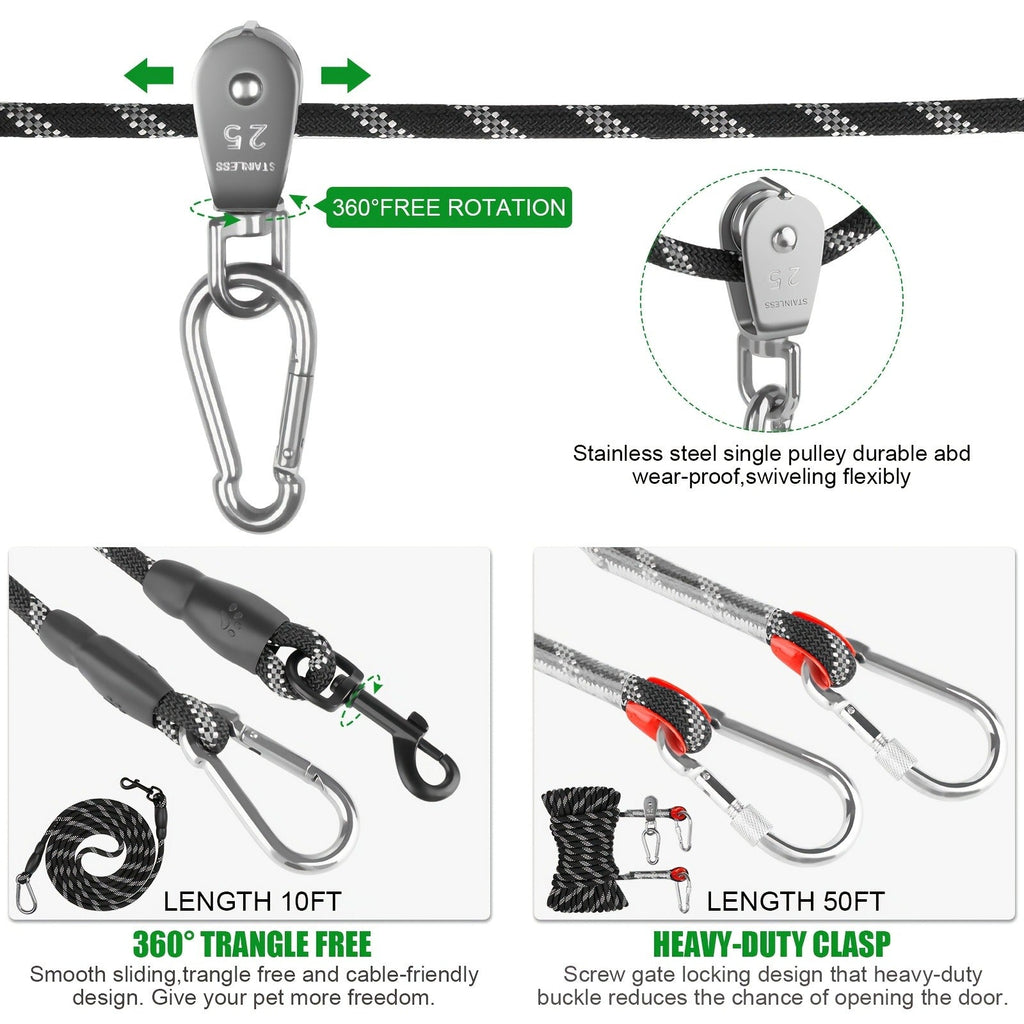 Overhead Dog Trolley System 75ft – Heavy Duty Reflective Cable Runner, Supports Up to 200lbs, Portable Easy Setup for Yard, Park