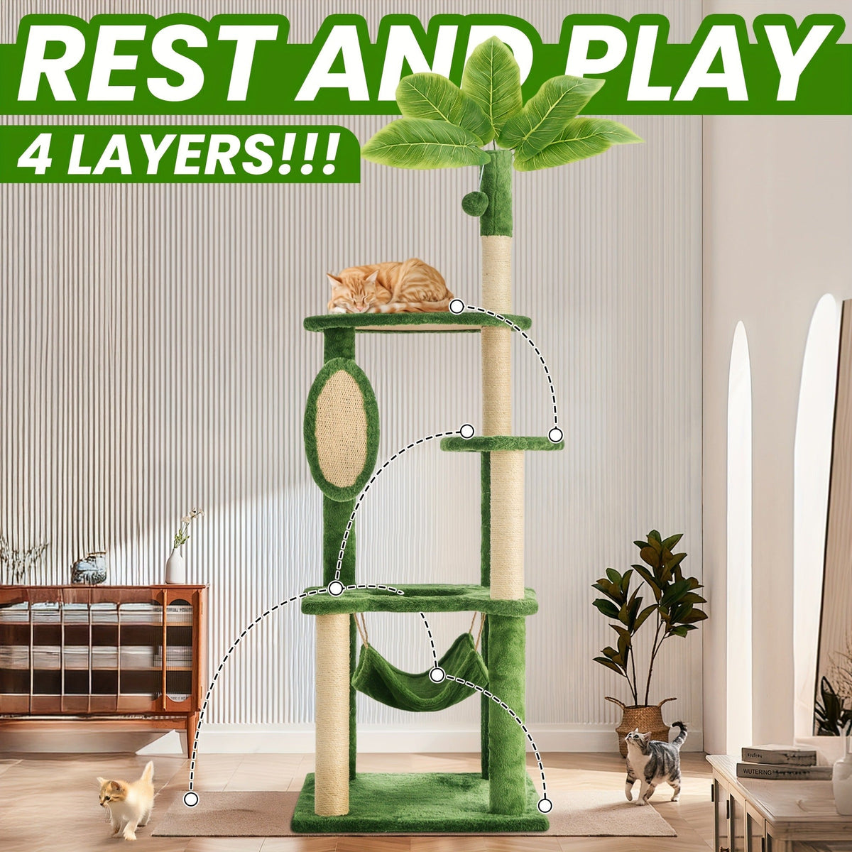 Cat Tree 55" Large Multi-Level Cat Tower for Indoor Cats with Green Leaves, Hammock, Sisal Scratching Posts & Hanging Ball Toy