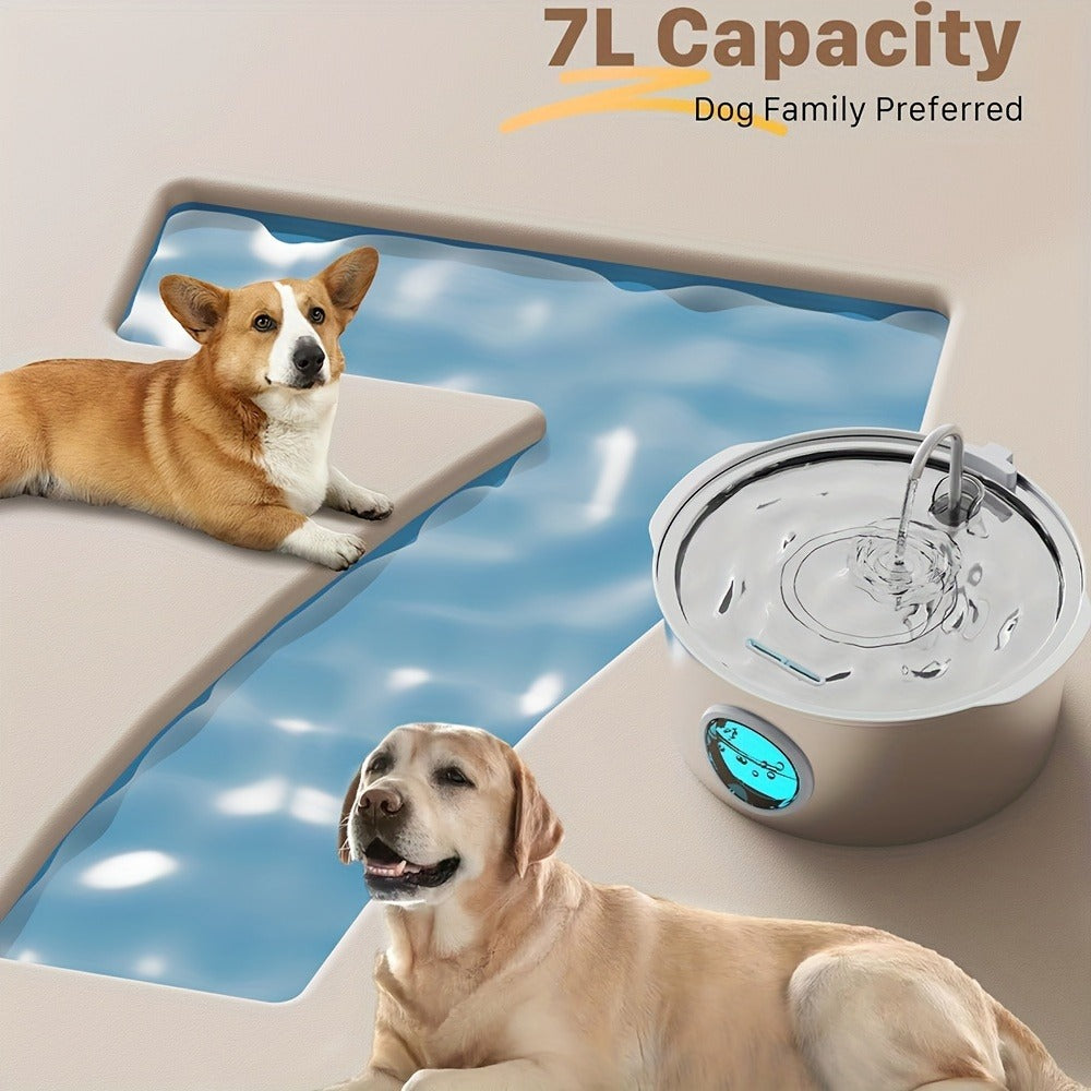 7L Pet Water Fountain with Stainless-Steel-Marked Basin, Water-Level Window and Dual Arched Outlets