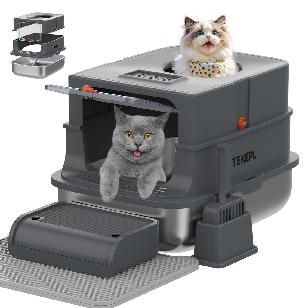 TEKEPL 68L Cat Litter Box with Stainless Steel Basin and Modular Enclosed, Semi-Open or Open Configuration