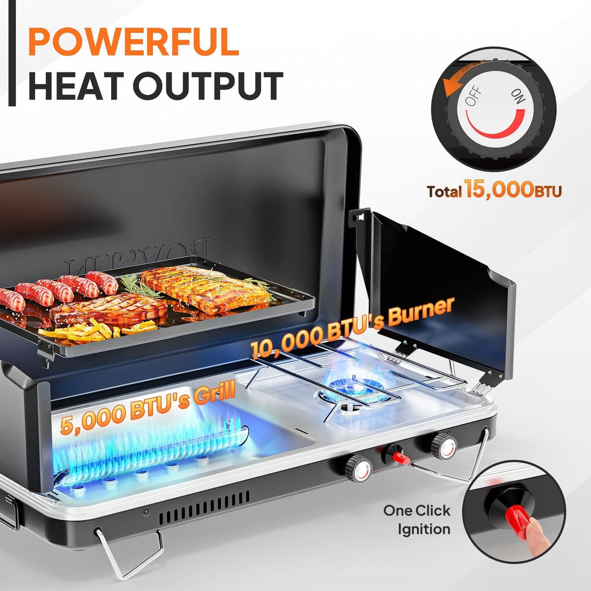 Portable Propane Griddle and Burner Camping Stove with Four Color Labels and 23.23-Inch Closed Width