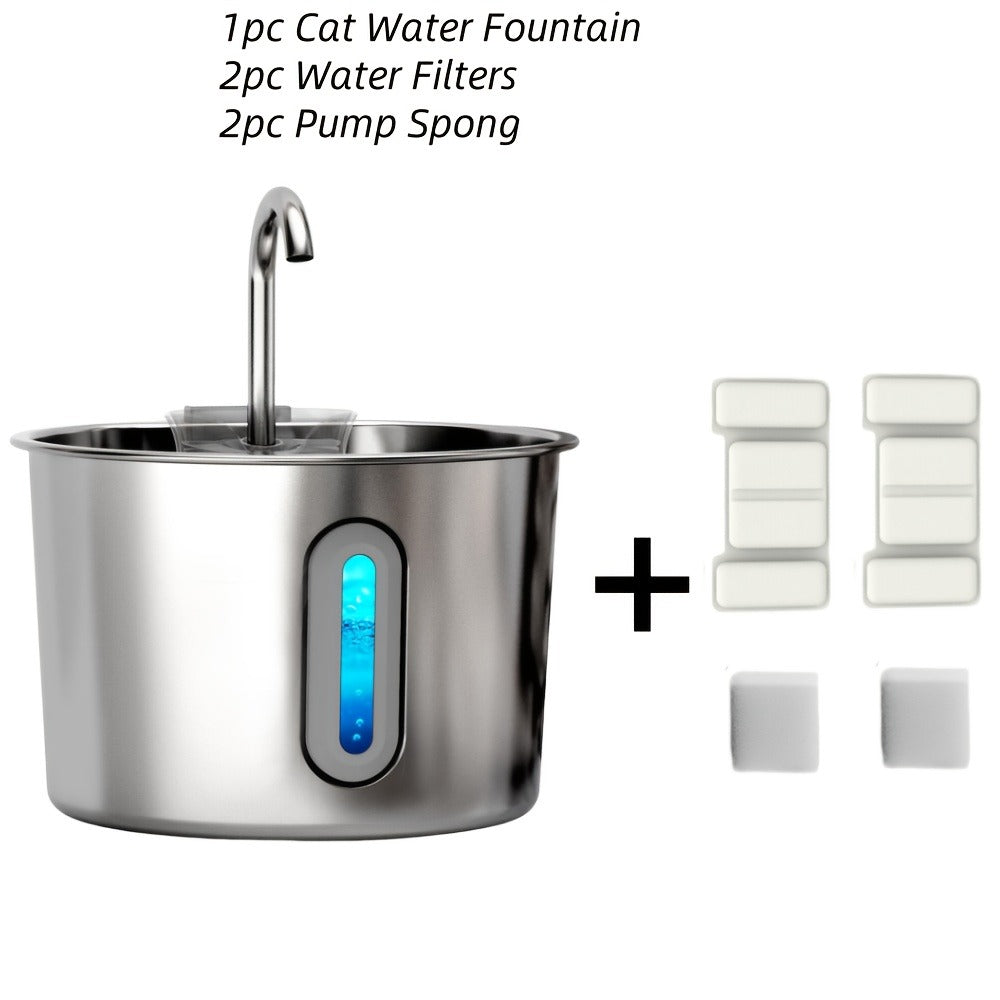 2.2L Pet Water Fountain with Stainless-Steel-Marked Basin, Water Window and 2+2 or 8+8 Filter Bundles