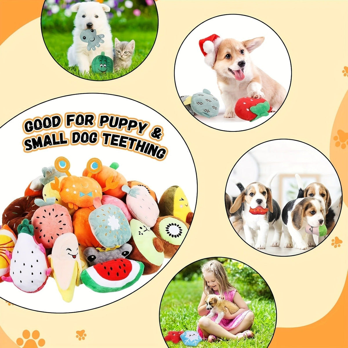 Dog Toys 80-Piece Squeaky Plush Assortment with Fruit, Animal and Novelty Shapes for Small or Medium Dogs