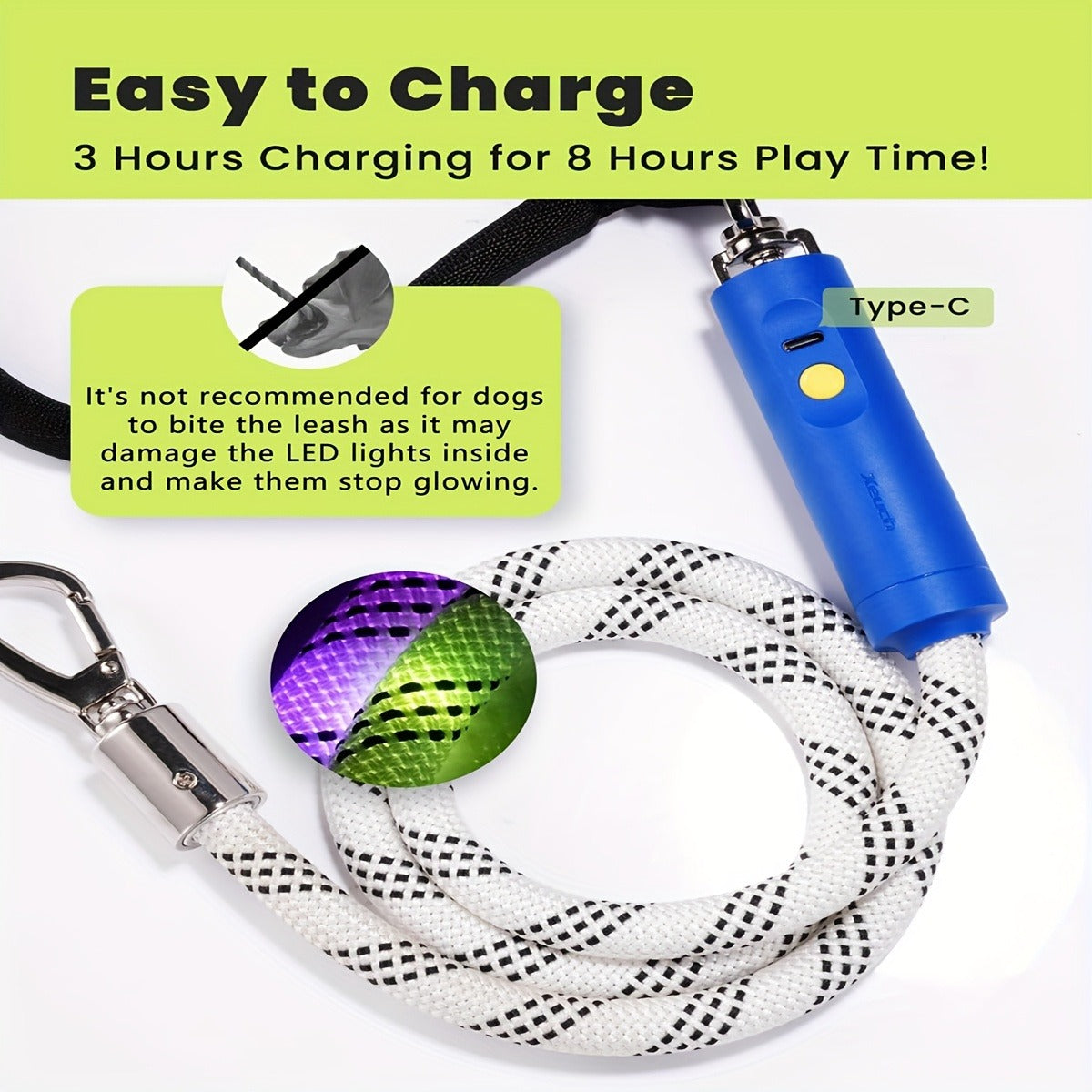 Four-Foot LED Dog Leash with Rechargeable Multicolor Light Strip, Rotating Hook and 13 Pictured Modes