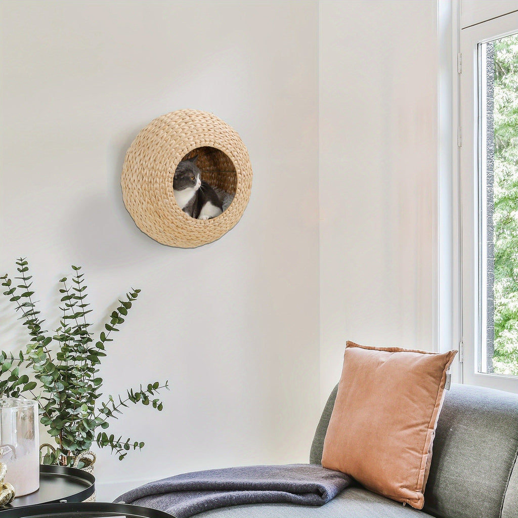Natural-Tone Round Woven Cat Wall Condo with Removable Cushion, Mounting Hardware and 17.7-Inch Pod Diameter