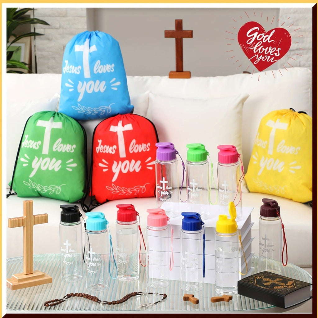 Christian Party Gifts Bulk Set 20pcs – 10 Drawstring Backpacks & 10 Sport Bottles with Bible Verses, God Loves You Church Event Favors