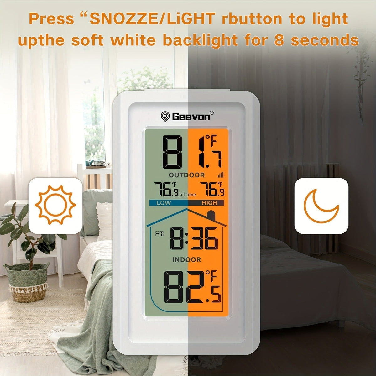 Indoor Outdoor Thermometer Hygrometer – Temperature Humidity Meter with Time Display, 48Hr History, Backlight & Ice Warning