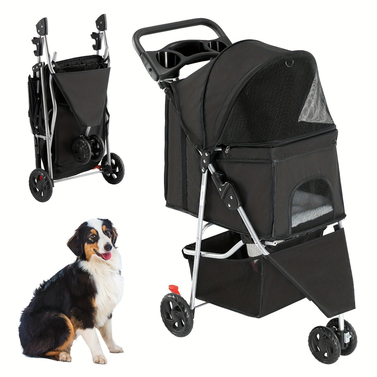 Black Three-Wheel Pet Stroller with Mesh Cabin, Front Cover, Cup Tray and Lower Storage Basket
