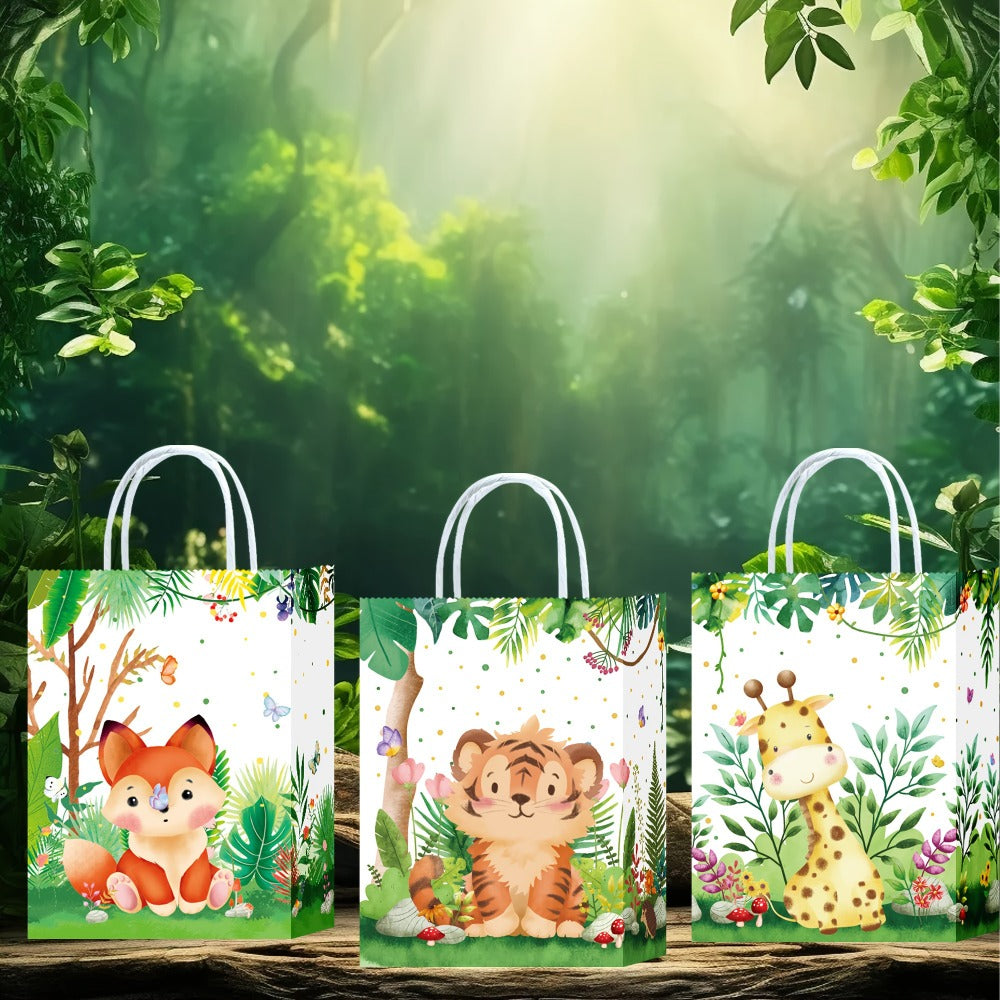 Party Favor Bags Safari Animals Jungle Theme Woodland Print Paper Goodie Bags with Handles for Kids Birthday Party Candy Gift Bags 8 Styles