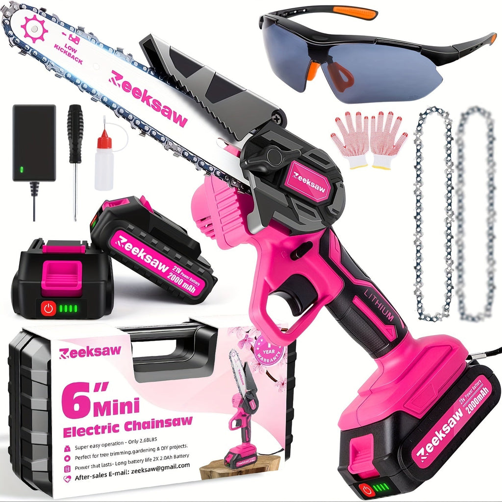 Pink 6-Inch Mini Cordless Chainsaw Kit with Two Batteries, Charger, Carry Case, Spare Chains and Clear Eyewear