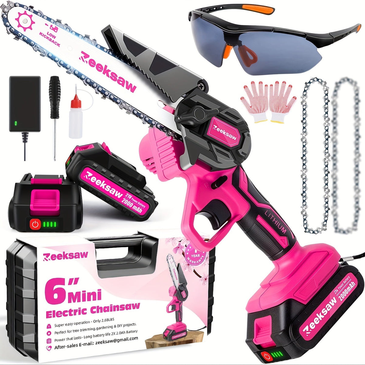 Pink 6-Inch Mini Cordless Chainsaw Kit with Two Batteries, Charger, Carry Case, Spare Chains and Clear Eyewear