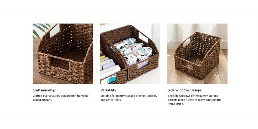 Water Hyacinth Pantry Storage Baskets 2-Pack with Seagrass Options and Integrated Shelf Handles