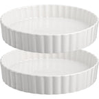 Ceramic Quiche Pan Set of 2, 9.5 Inch Fluted Tart Dish for Oven Baking, Non-Stick Pie Dish for Quiche Lorraine, Chicken Pot Pie, Tart, Flan