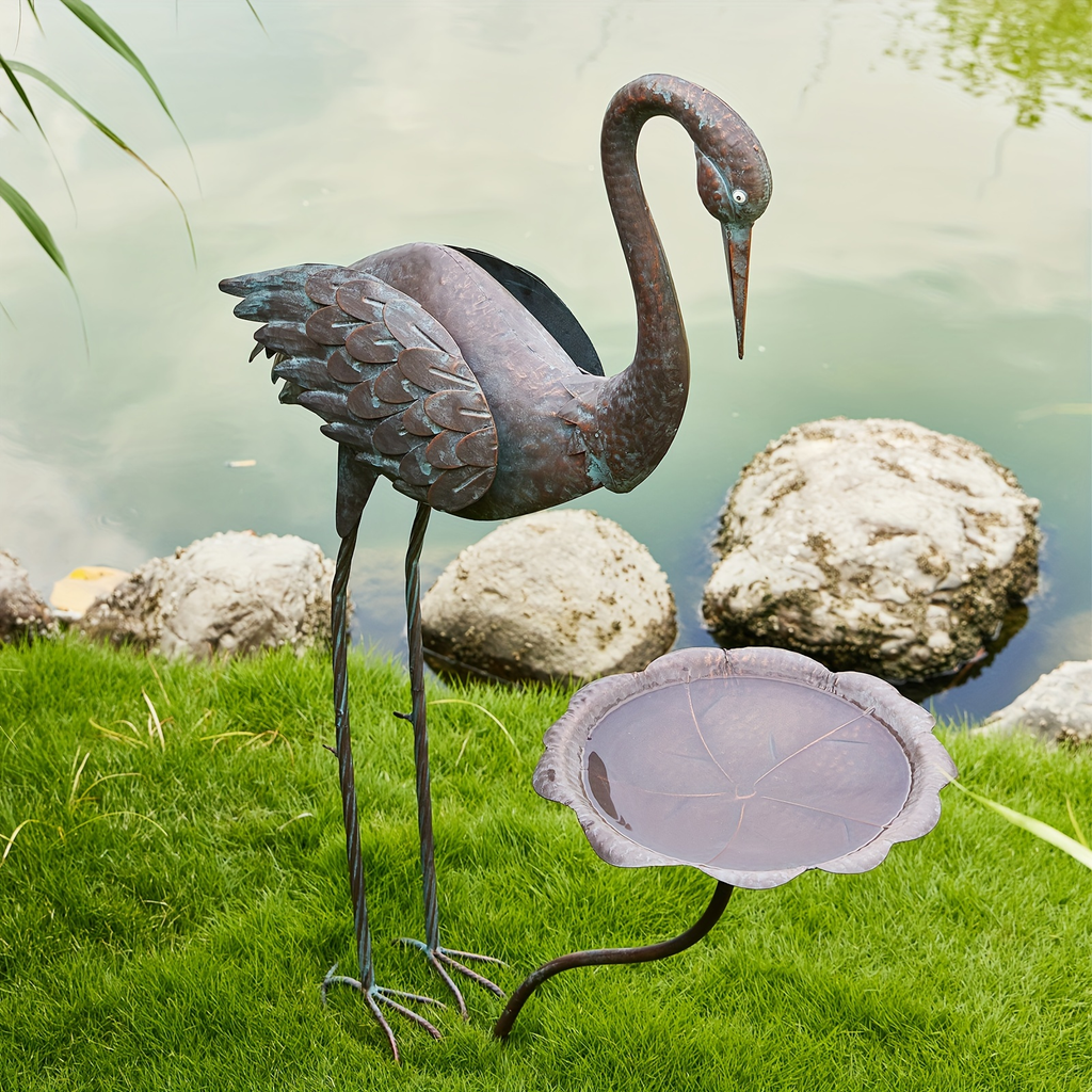 36-Inch Crane Sculpture Bird Bath Set with Separate 12.6-Inch Basin and Garden Stakes for Yard Decor