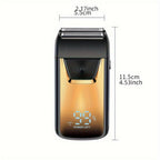 Golden-and-Black Electric Foil Shaver with Rectangular Head, Front Display and Charging Stand