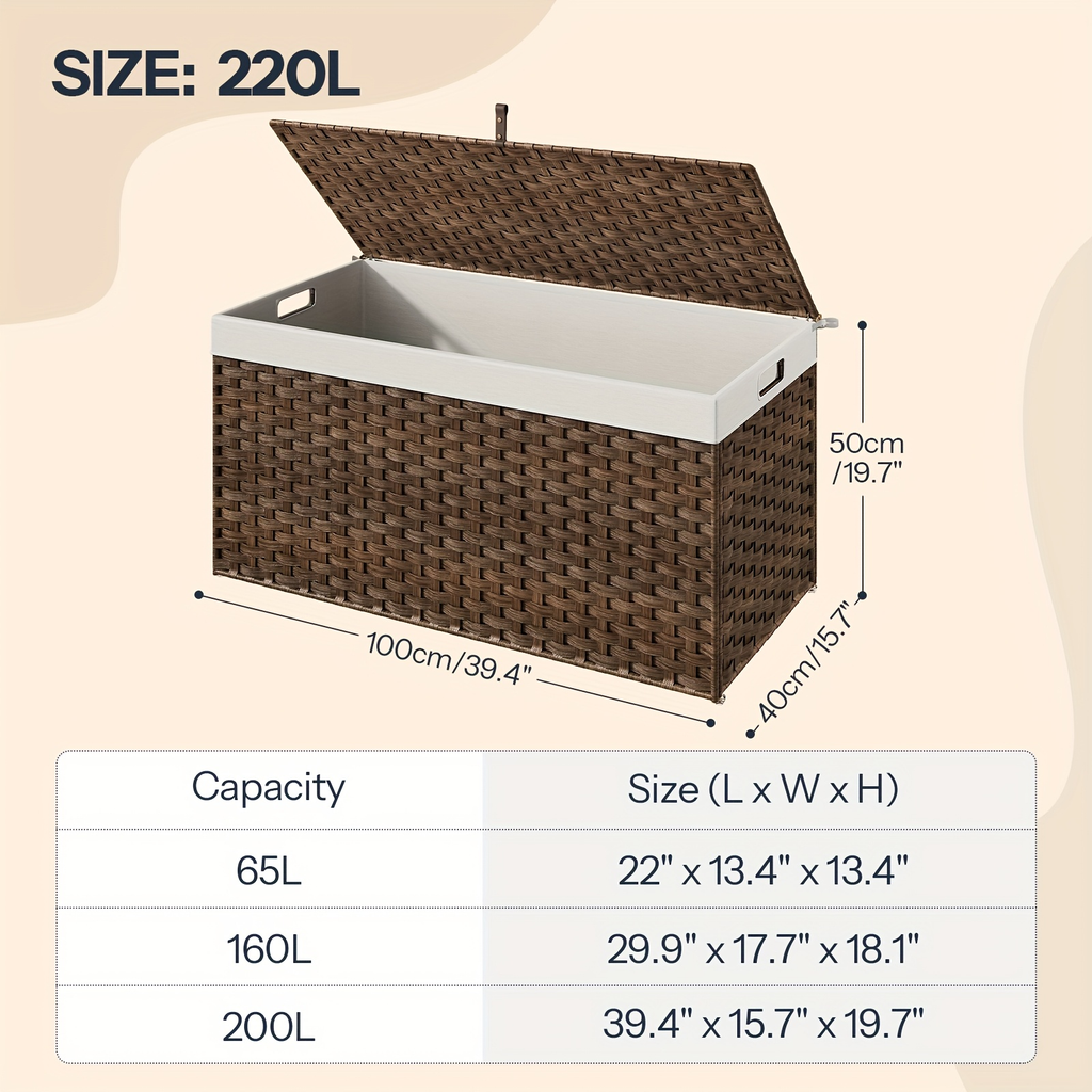 Large Wicker Storage Basket with Lid, Handles, Soft Lining, Metal Frame in a 220L Lidded Format