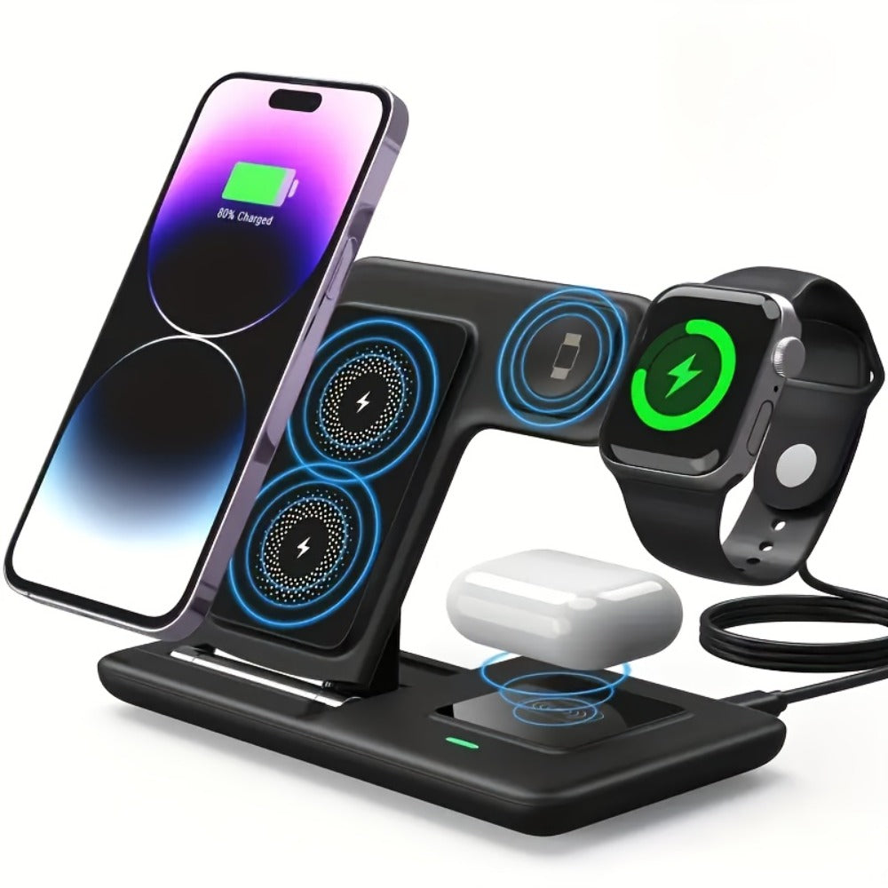 Wireless Charging Station, 3-in-1 15W Upright Stand with QC3.0 Adapter for iPhone, Watch and AirPods Models