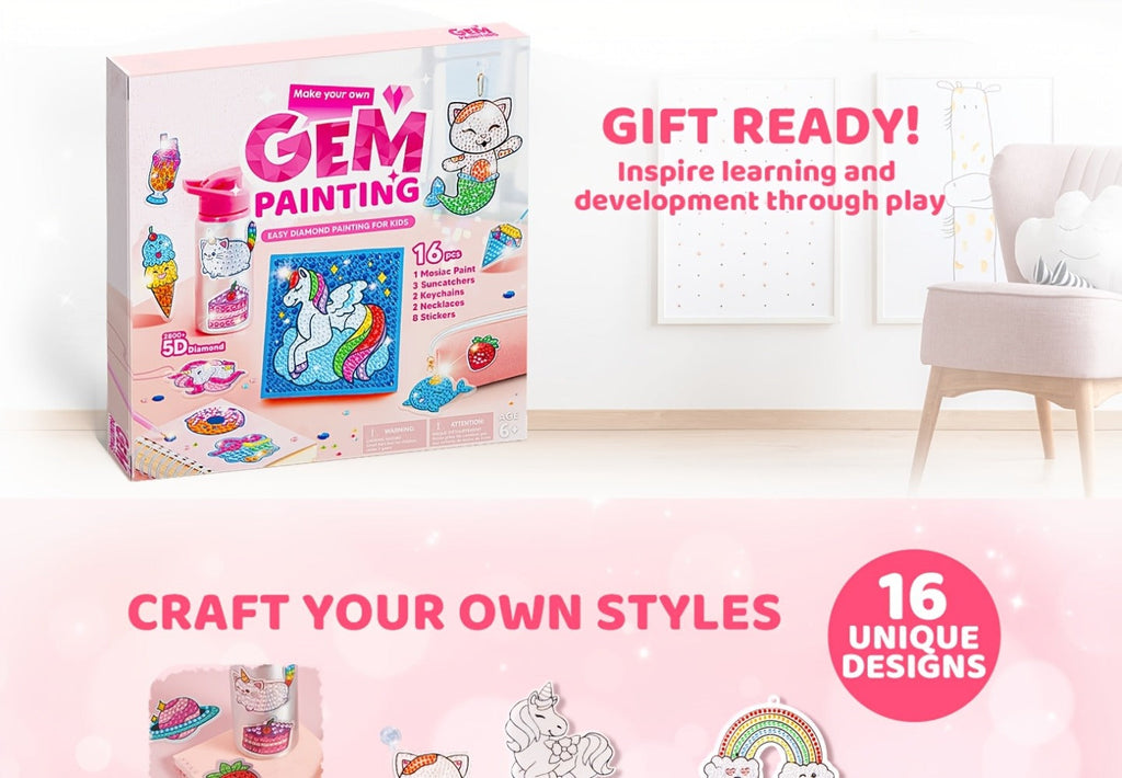 Diamond Gem Painting Kit for Girls Ages 6+ 16 Projects, 5D Gem Art Set with 2800+ Gems Unicorn Suncatchers Keychains Necklaces Stickers
