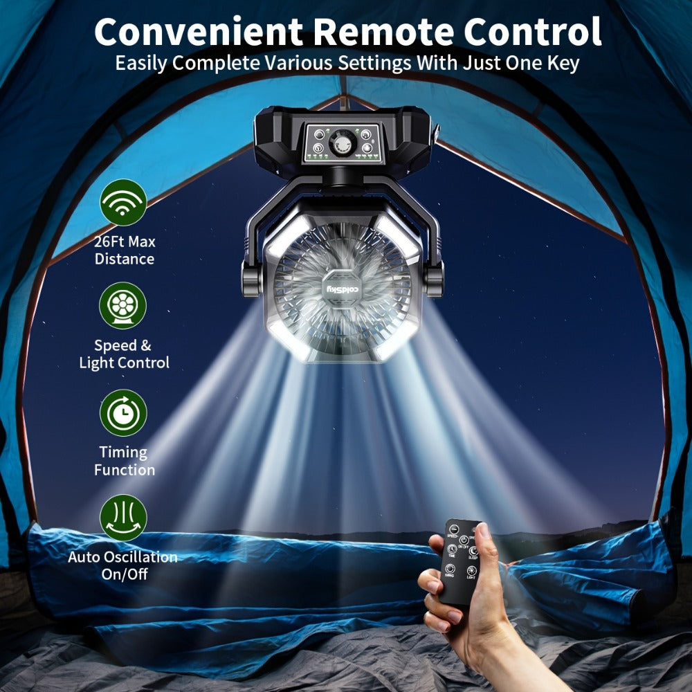 Camping Fan 20000mAh Dual Motor High-Velocity, 8-Speed Remote Control with 4 LED Lanterns and Tent Hook