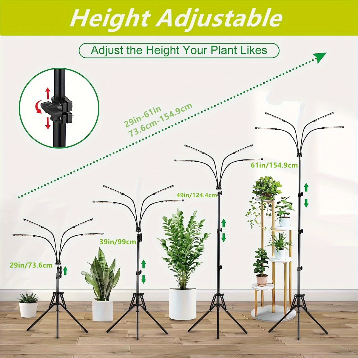 Adjustable Floor Tripod LED Plant Lamp with RF Remote, 4 or 5 Flexible Heads and 29-61in Stand