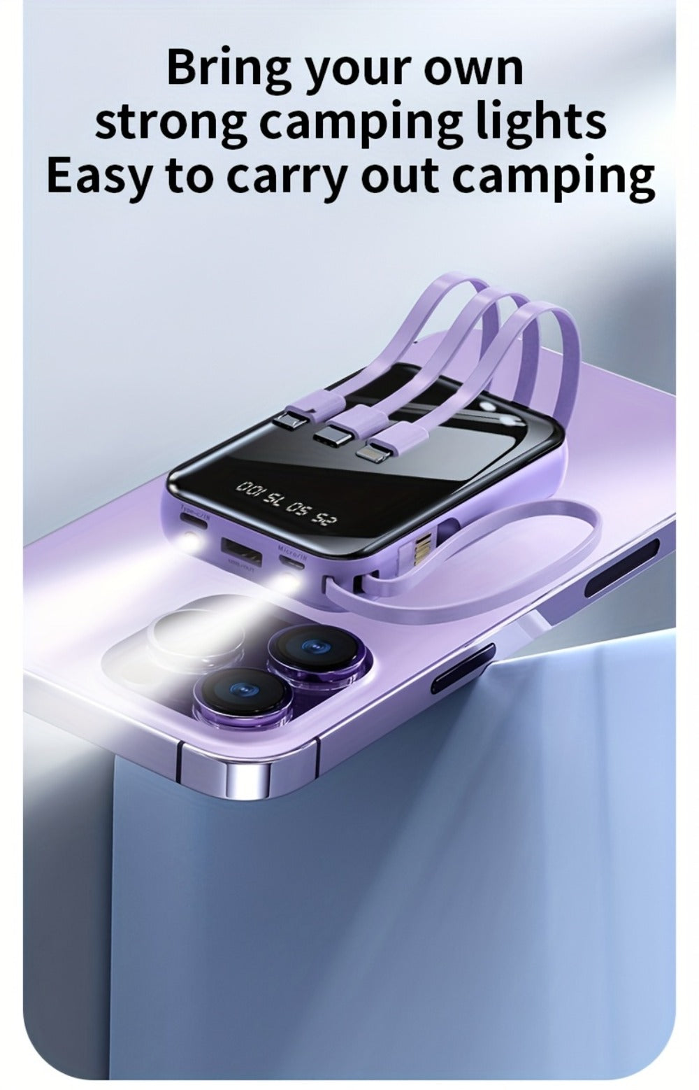 Power Bank 50000mAh 22.5W with Integrated Cable Array, Digital Display and LED Flashlight in Two Colors