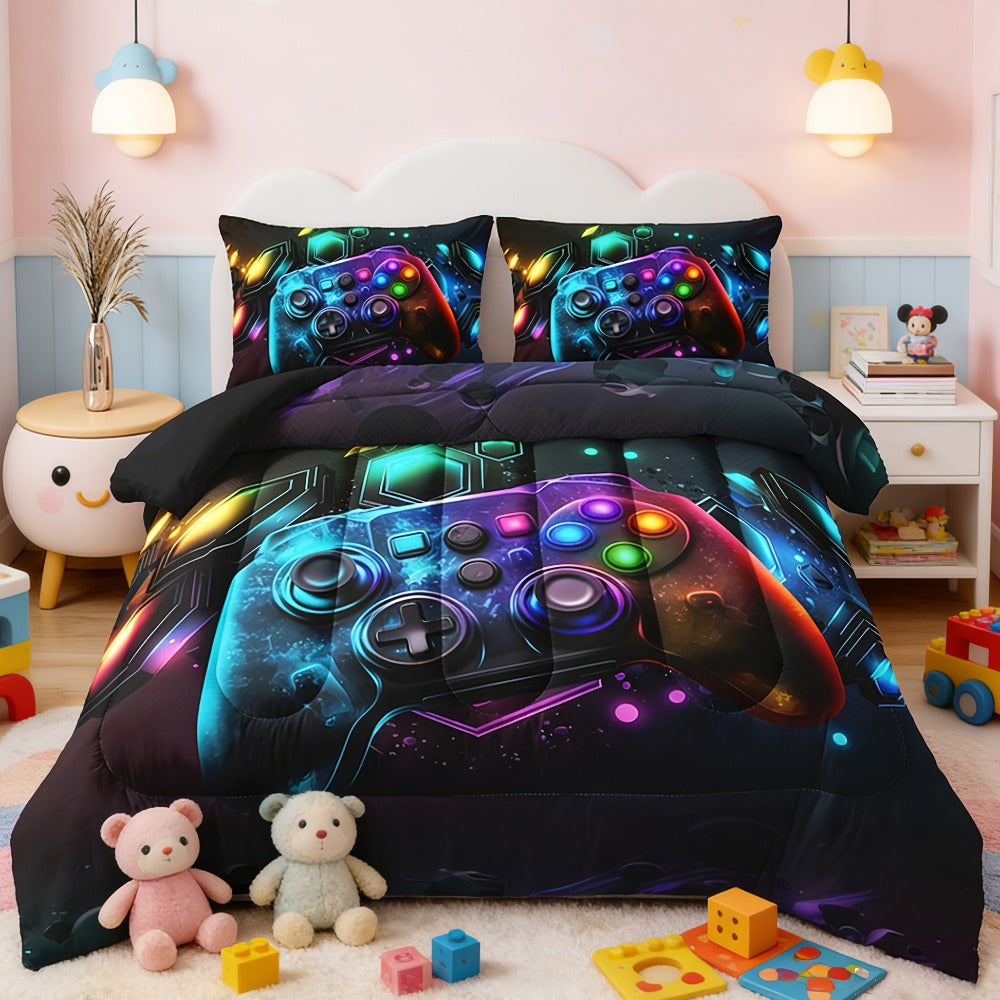 Gaming Controller Print Comforter Set with Two Pillowcases, 180 GSM Fill and Twin, Full, Queen or King Sizes