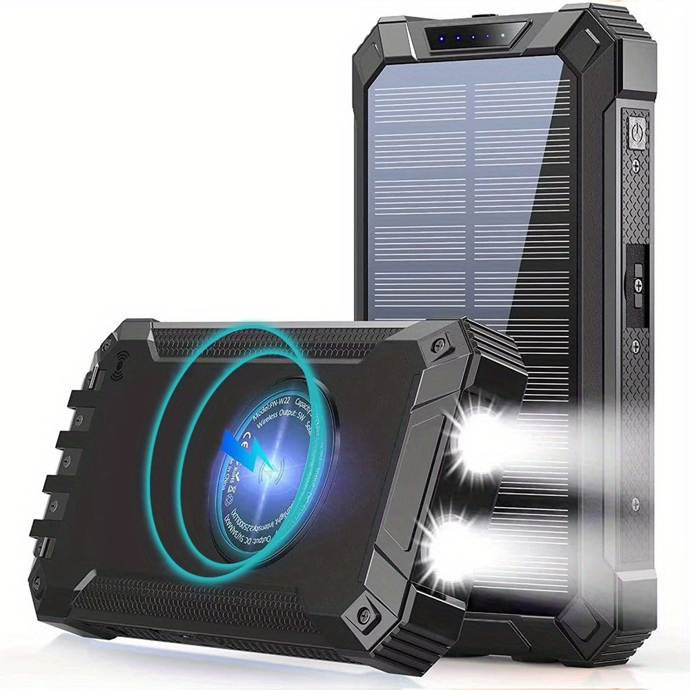 Solar Power Bank 40000mAh with Built-in 4 Cables & 15W Wireless Charging – 6 Outputs 3 Inputs Dual LED Flashlight Portable Charger