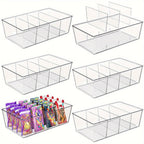 Six-Piece Clear Pantry Organizer Bin Set with Removable Dividers for Cabinets, Fridges and Shelves