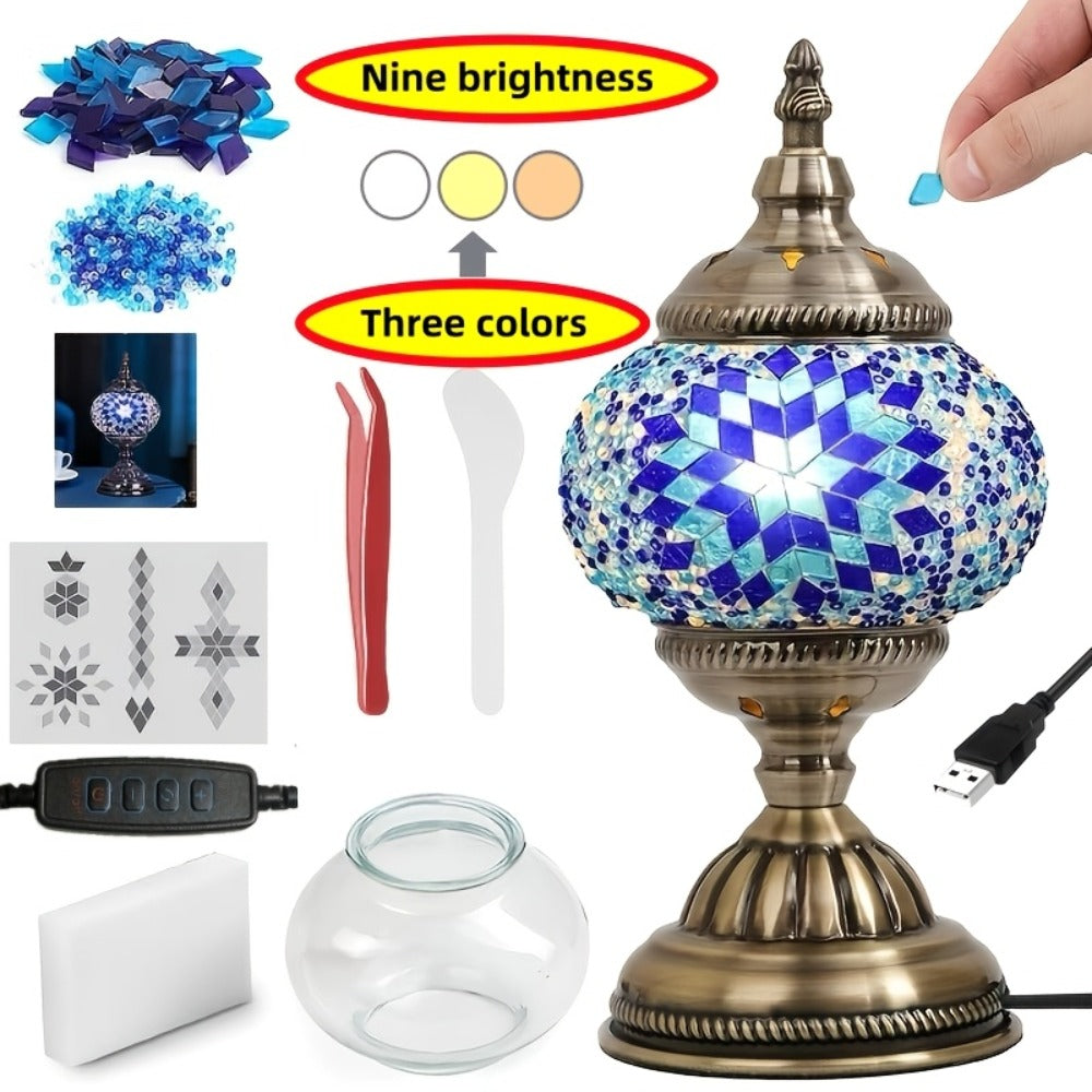 DIY Turkish Moroccan Mosaic Lamp Kit Handmade Glass Metal Brass Dimmable Bohemian Table Light for Entryways, Bedrooms and Living Spaces