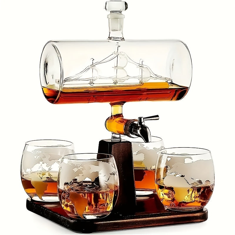 Wine Decanter Set with Glasses 44oz Boat-Shaped Glass Decanter 4 Wine Glasses Wooden Rack Unique Wine Gift Set for Home Bar Birthday